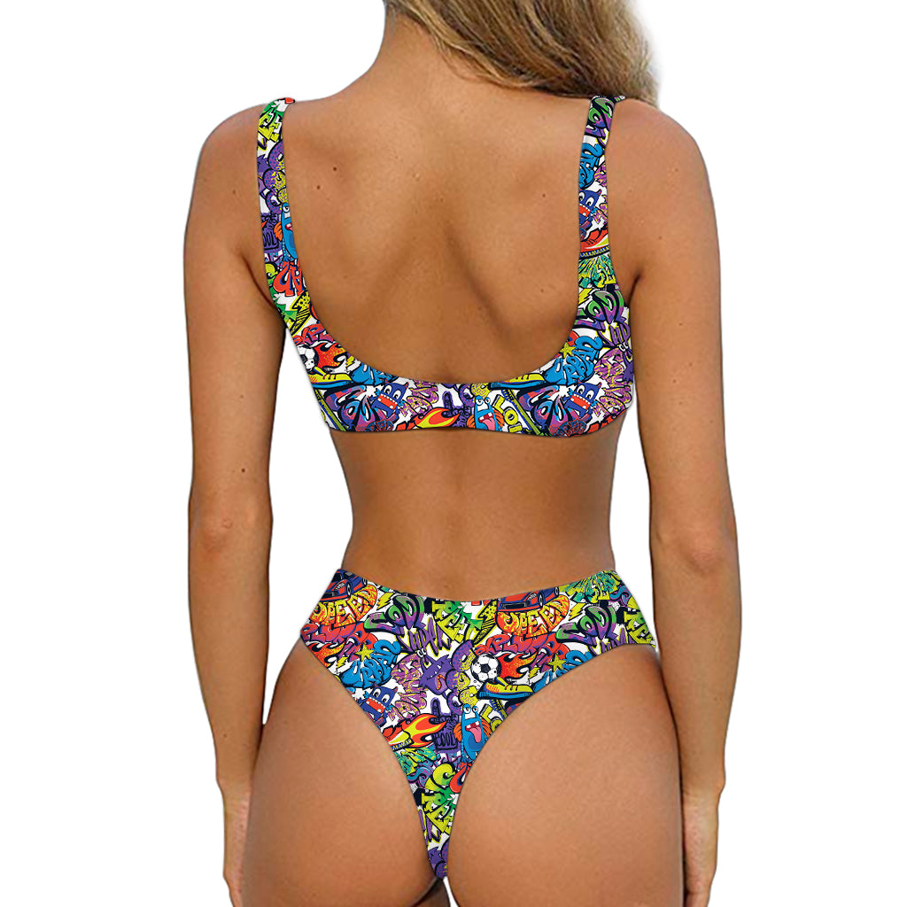 Funky Graffiti Pattern Print Front Bow Tie Bikini