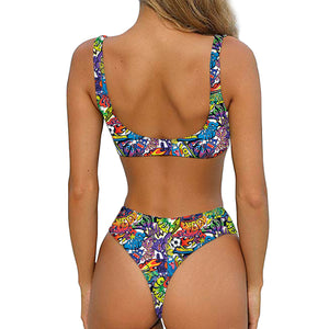 Funky Graffiti Pattern Print Front Bow Tie Bikini