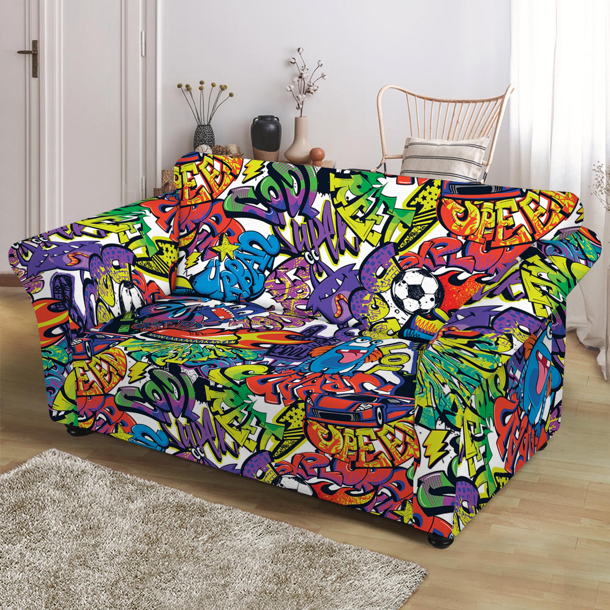 Funky Graffiti Pattern Print Loveseat Slipcover