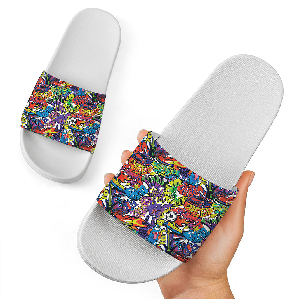 Funky Graffiti Pattern Print White Slide Sandals