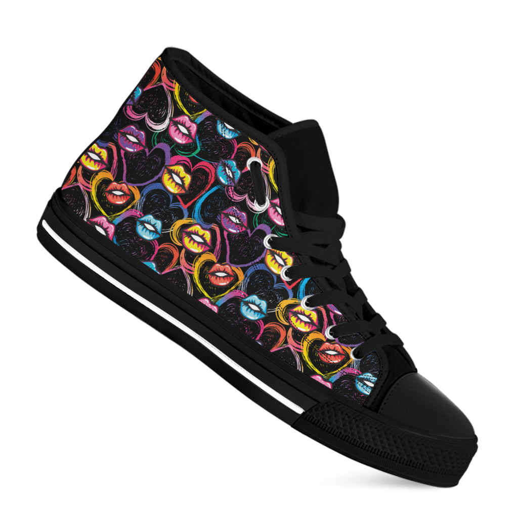 Funky Kiss Lips Pattern Print Black High Top Shoes