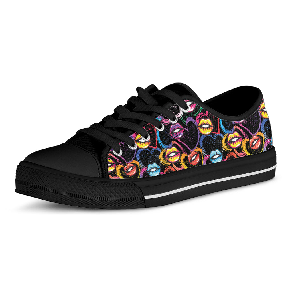 Funky Kiss Lips Pattern Print Black Low Top Shoes