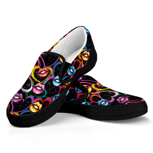 Funky Kiss Lips Pattern Print Black Slip On Shoes
