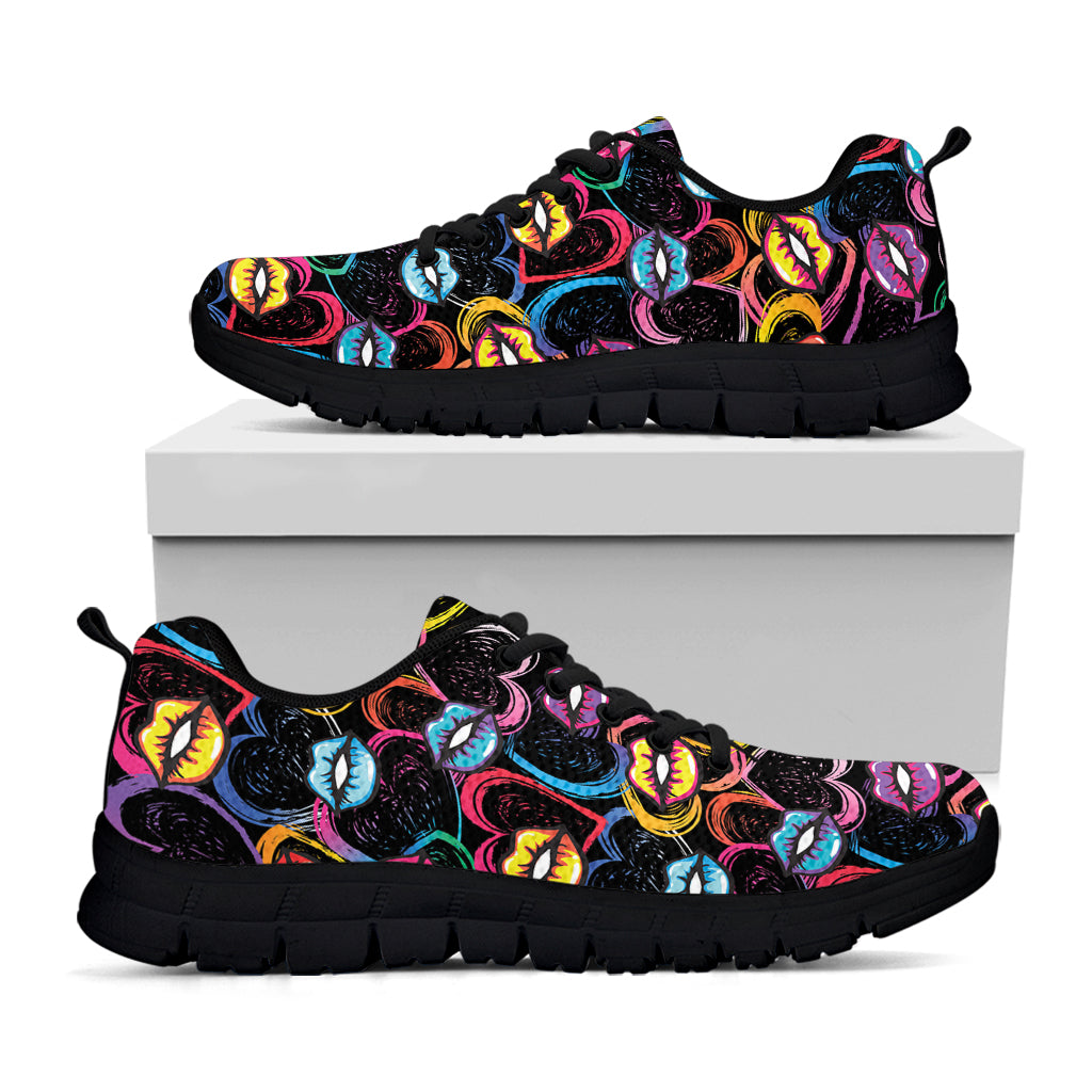 Funky Kiss Lips Pattern Print Black Sneakers