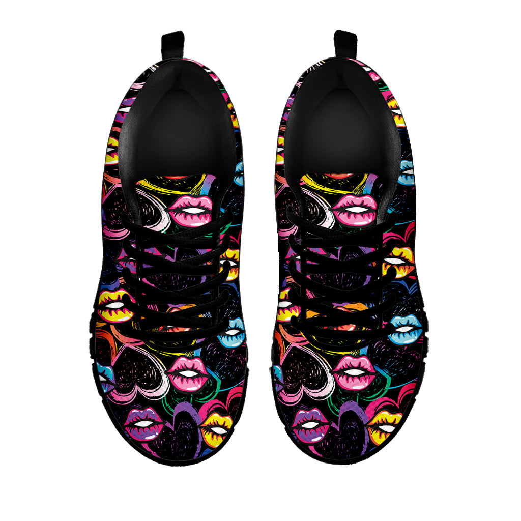 Funky Kiss Lips Pattern Print Black Sneakers