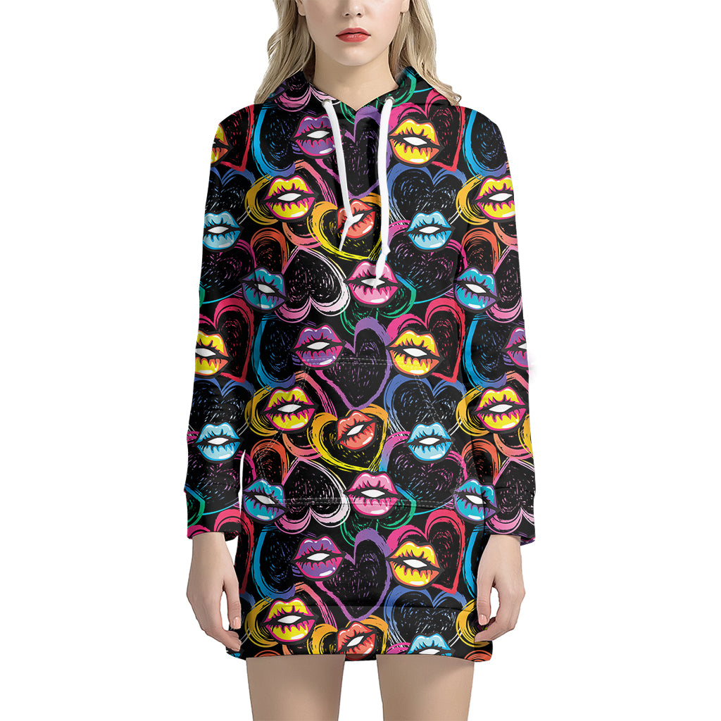 Funky Kiss Lips Pattern Print Hoodie Dress