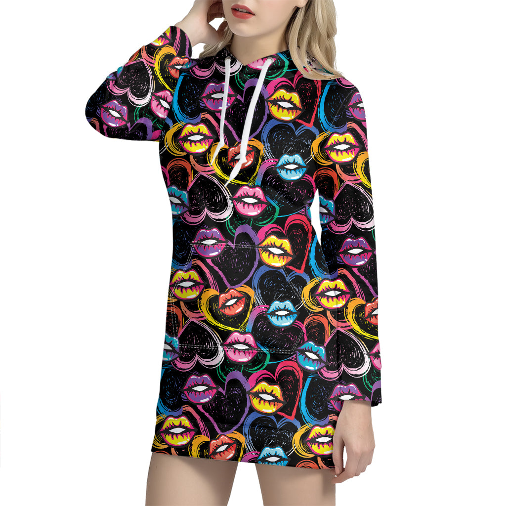Funky Kiss Lips Pattern Print Hoodie Dress