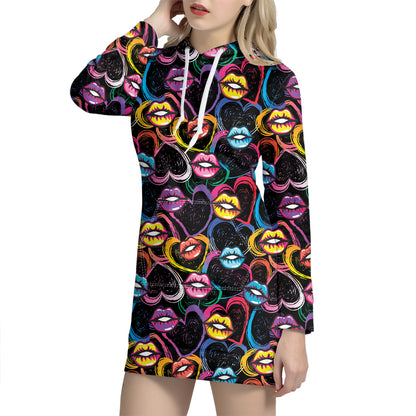 Funky Kiss Lips Pattern Print Hoodie Dress