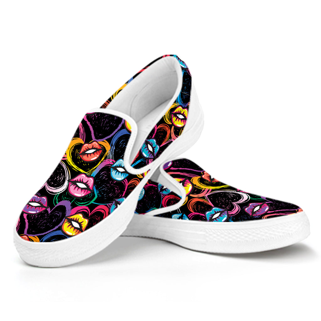 Funky Kiss Lips Pattern Print White Slip On Shoes