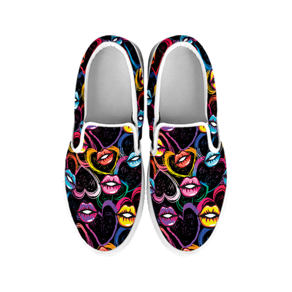 Funky Kiss Lips Pattern Print White Slip On Shoes