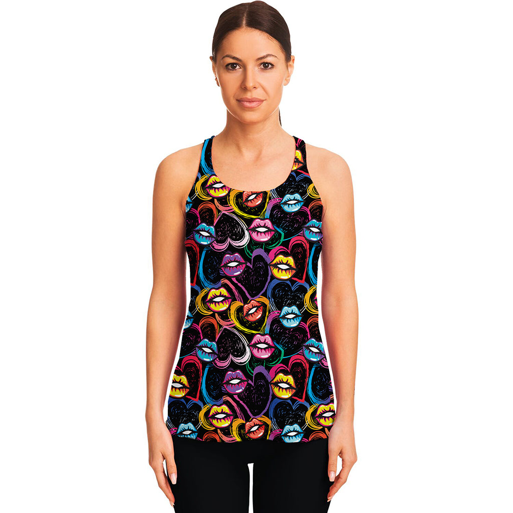 Funky Kiss Lips Pattern Print Women's Racerback Tank Top