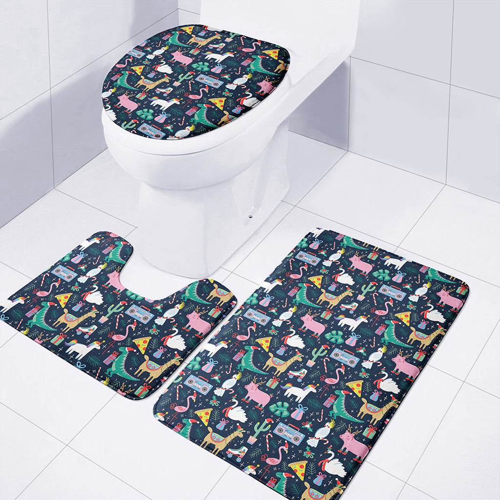 Funny Christmas Animals Pattern Print 3 Piece Bath Mat Set