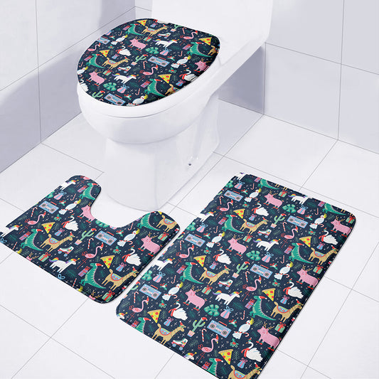 Funny Christmas Animals Pattern Print 3 Piece Bath Mat Set