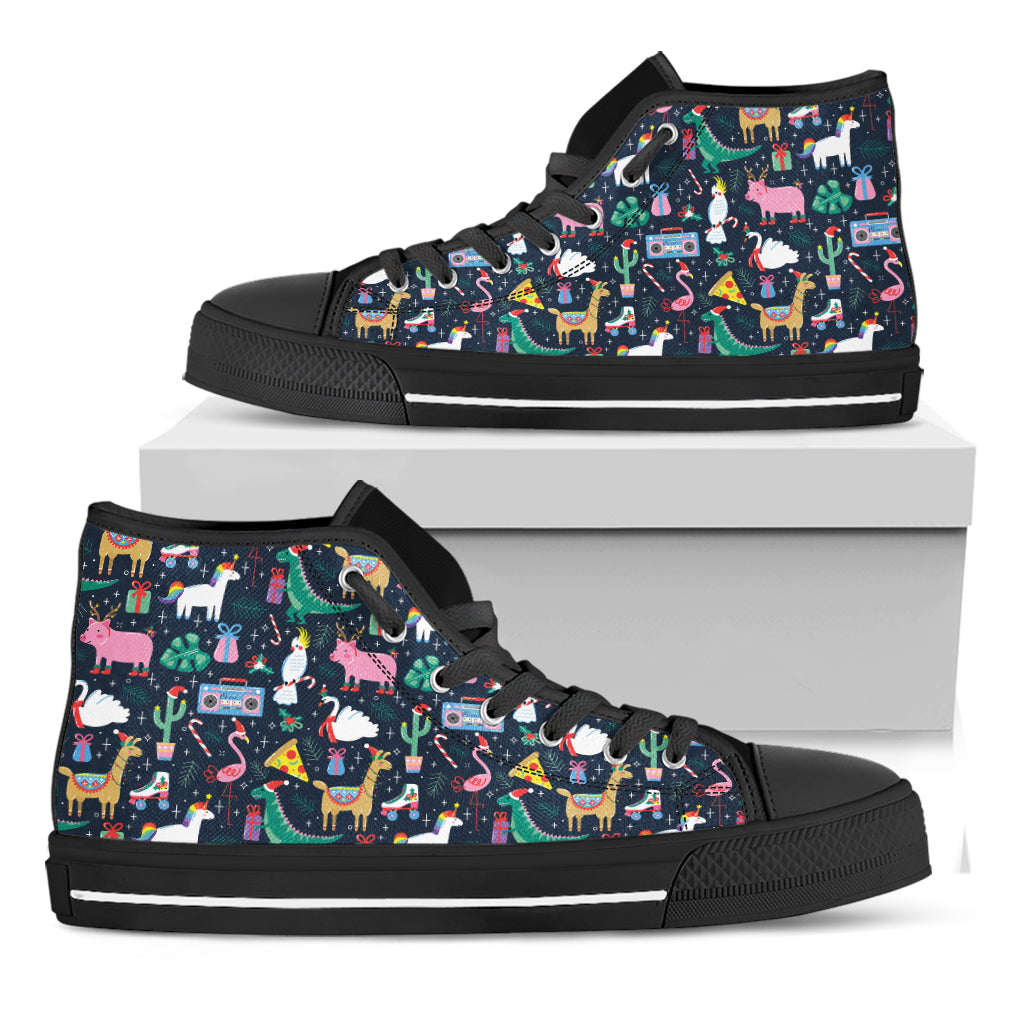 Funny Christmas Animals Pattern Print Black High Top Shoes
