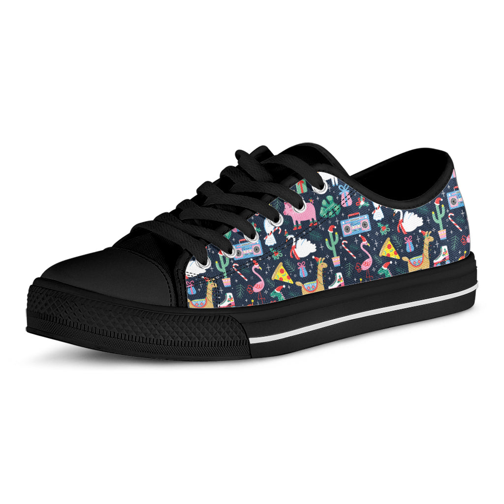Funny Christmas Animals Pattern Print Black Low Top Shoes