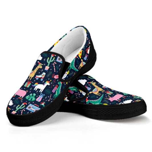 Funny Christmas Animals Pattern Print Black Slip On Shoes