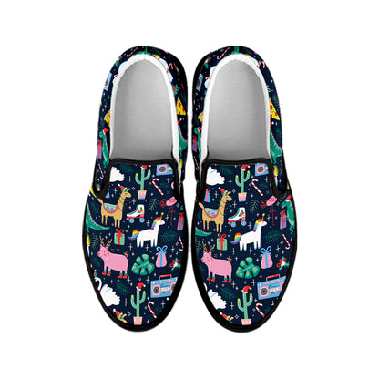 Funny Christmas Animals Pattern Print Black Slip On Shoes