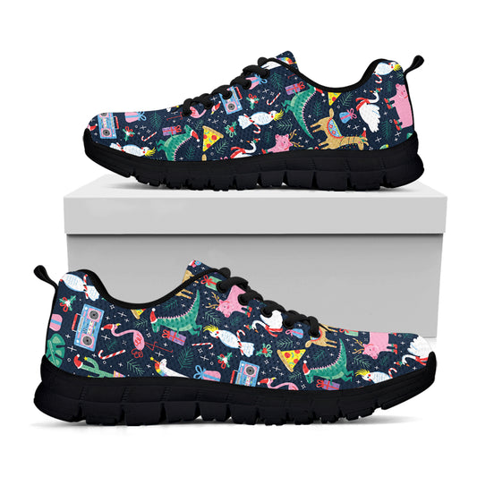 Funny Christmas Animals Pattern Print Black Sneakers