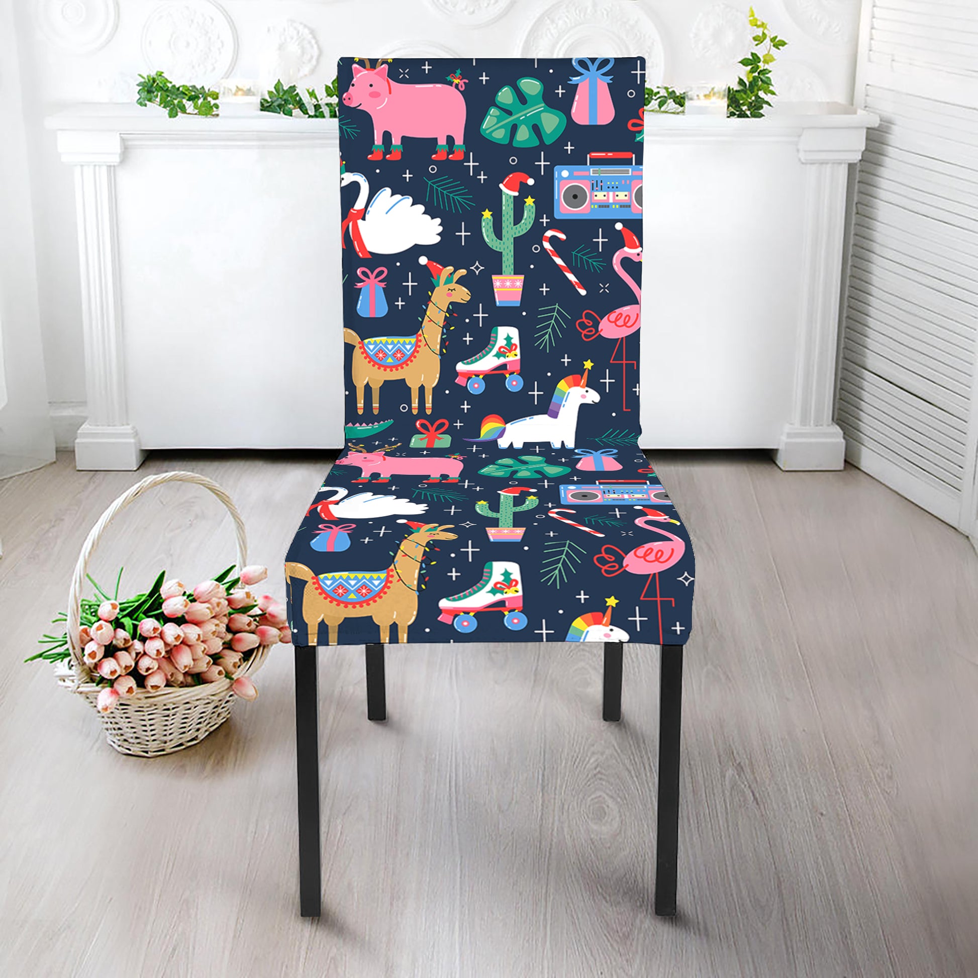 Funny Christmas Animals Pattern Print Dining Chair Slipcover
