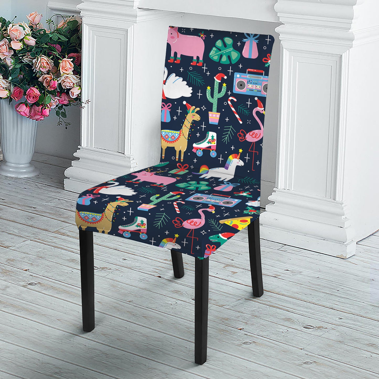 Funny Christmas Animals Pattern Print Dining Chair Slipcover