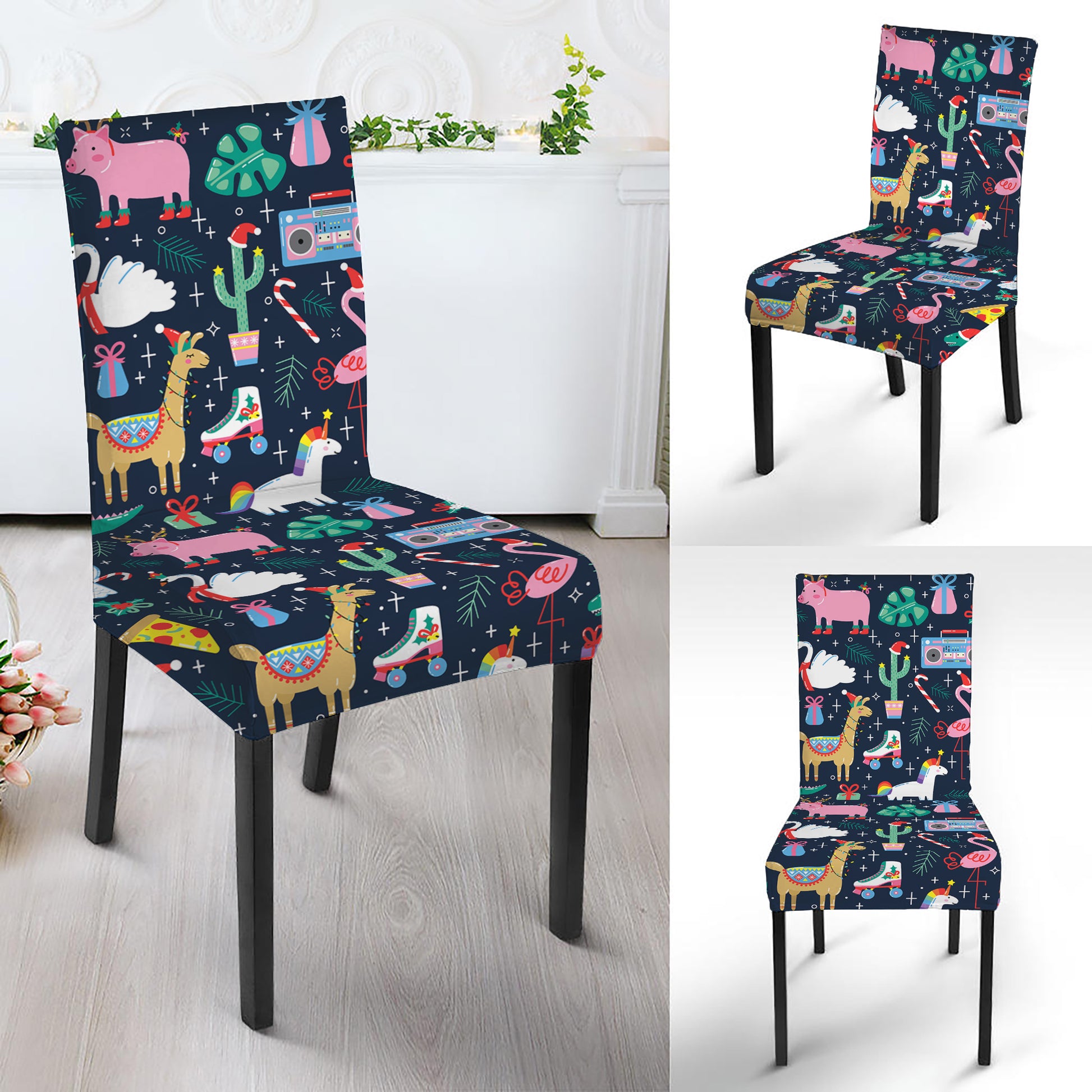 Funny Christmas Animals Pattern Print Dining Chair Slipcover