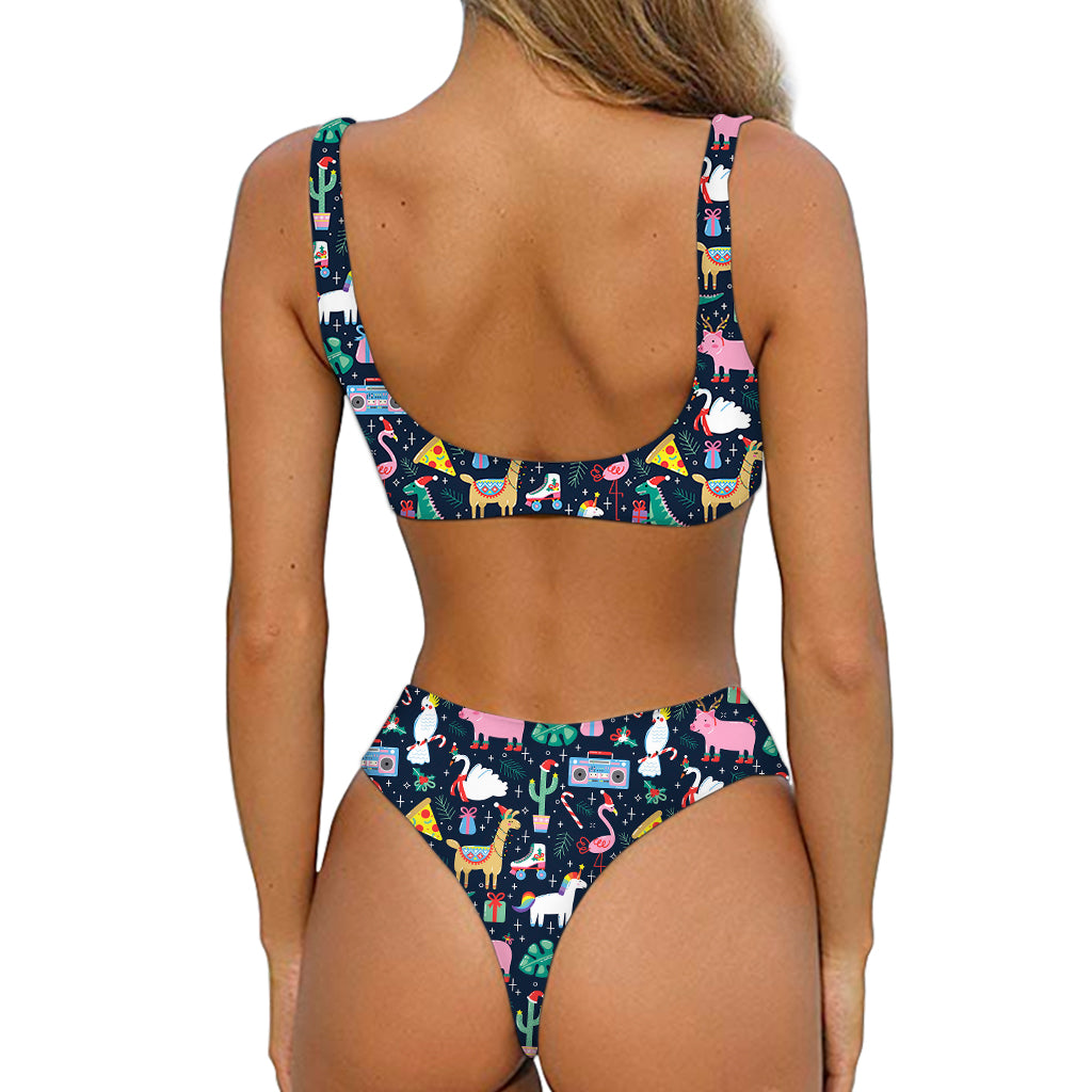 Funny Christmas Animals Pattern Print Front Bow Tie Bikini