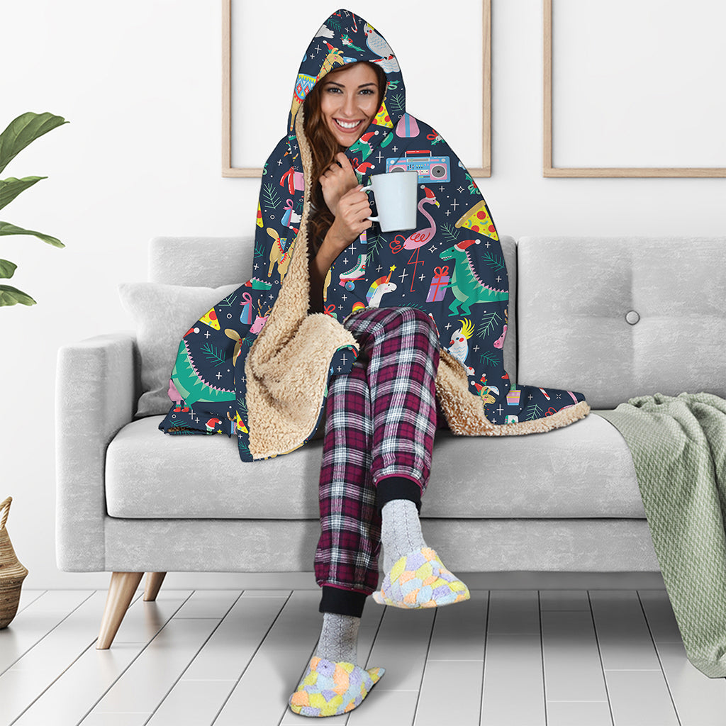 Funny Christmas Animals Pattern Print Hooded Blanket