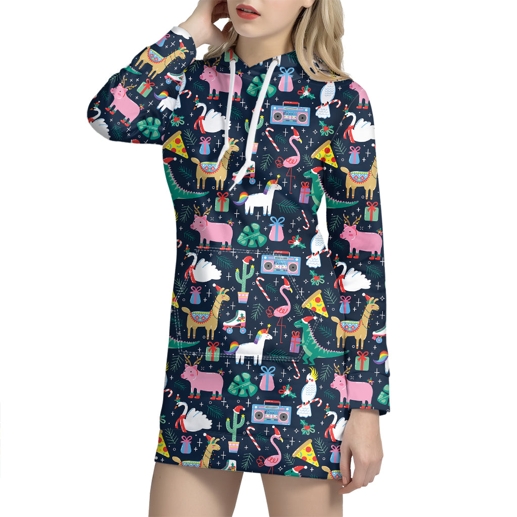 Funny Christmas Animals Pattern Print Hoodie Dress