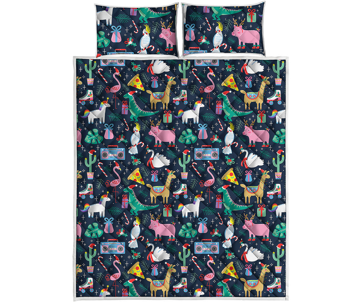 Funny Christmas Animals Pattern Print Quilt Bed Set