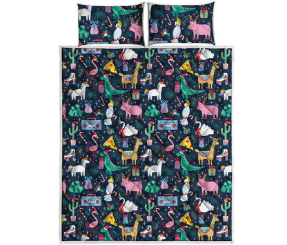 Funny Christmas Animals Pattern Print Quilt Bed Set