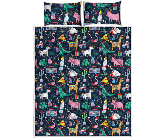 Funny Christmas Animals Pattern Print Quilt Bed Set