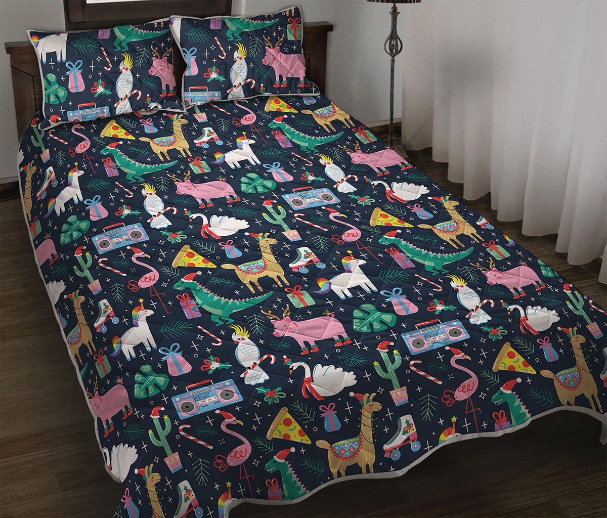 Funny Christmas Animals Pattern Print Quilt Bed Set