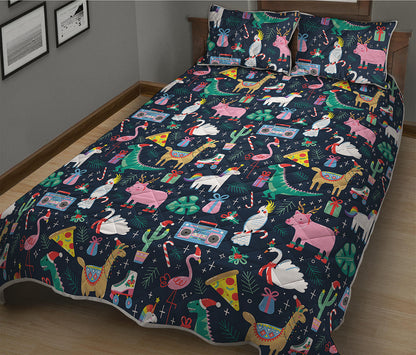 Funny Christmas Animals Pattern Print Quilt Bed Set