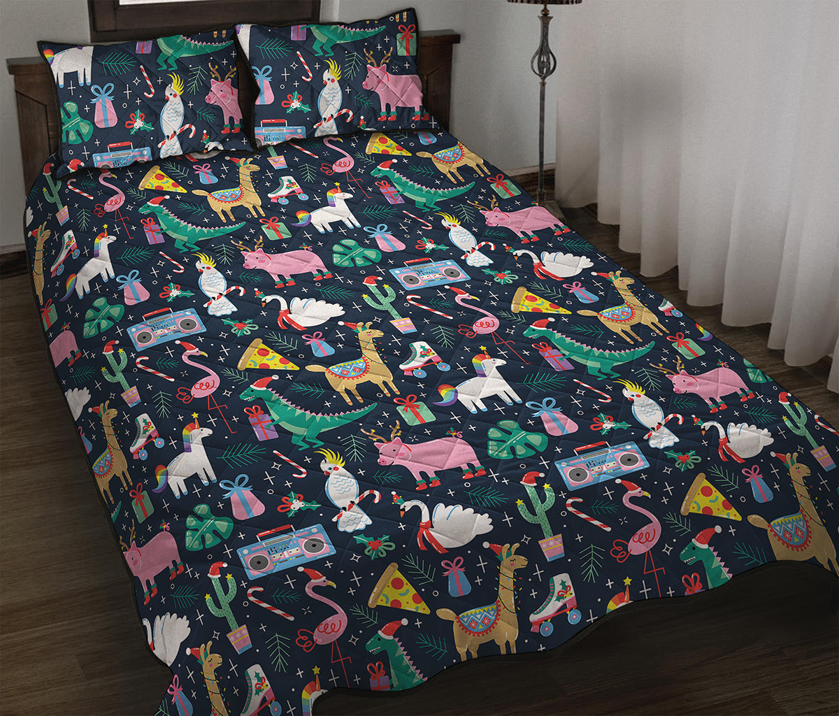 Funny Christmas Animals Pattern Print Quilt Bed Set