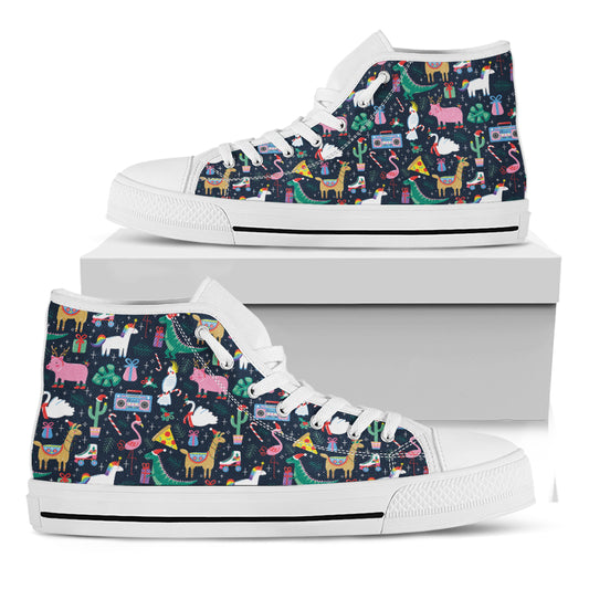Funny Christmas Animals Pattern Print White High Top Shoes