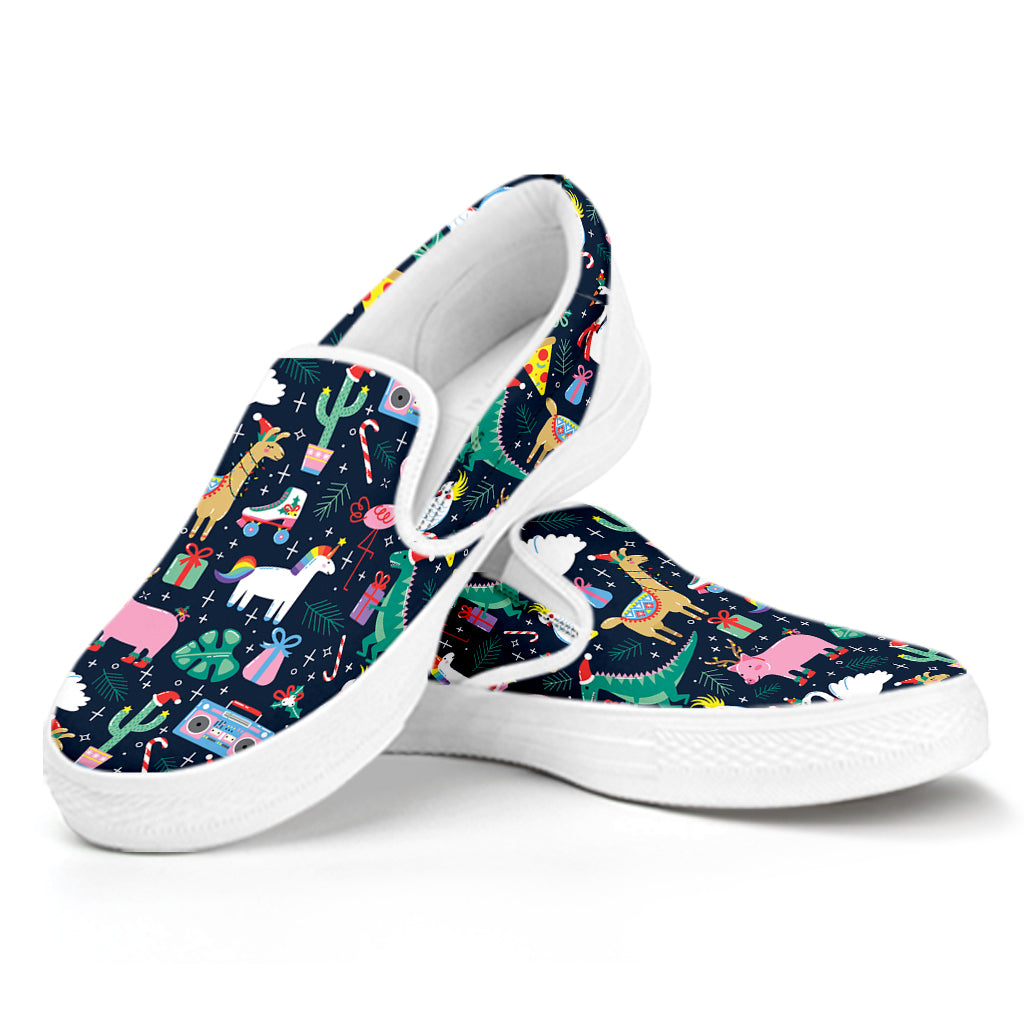 Funny Christmas Animals Pattern Print White Slip On Shoes