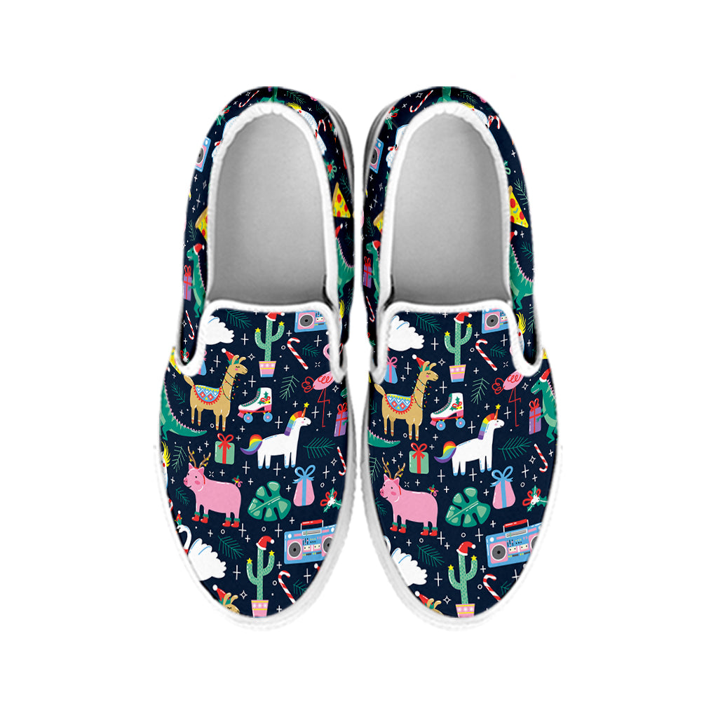 Funny Christmas Animals Pattern Print White Slip On Shoes