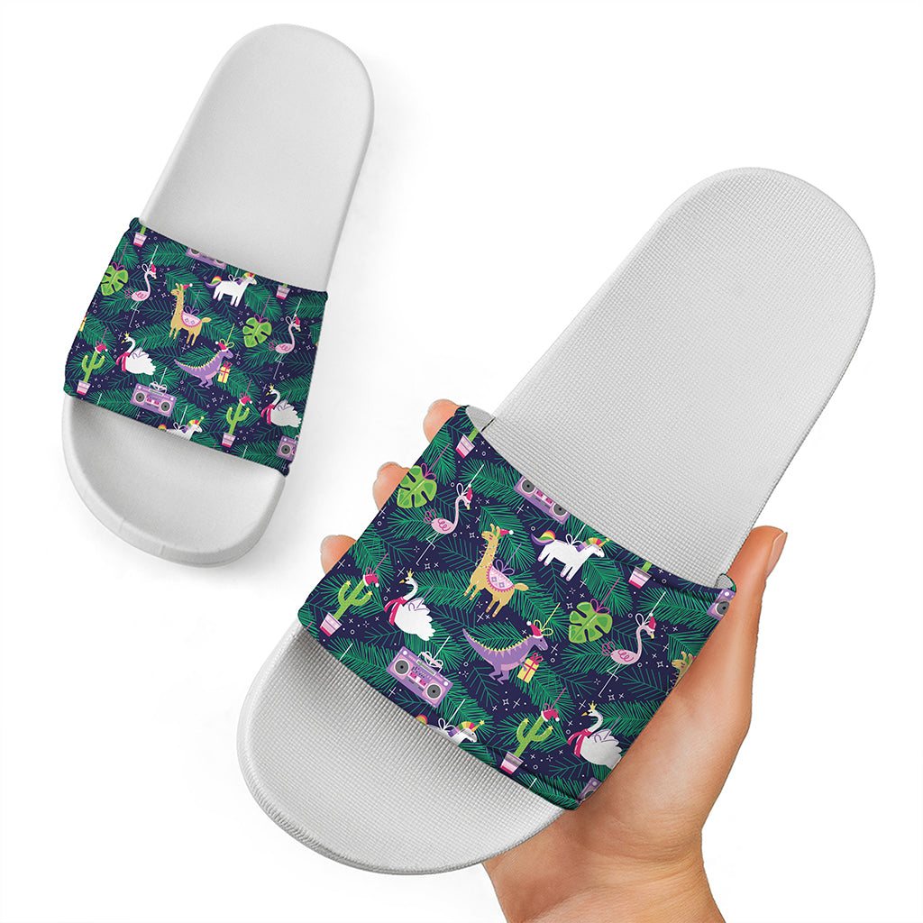 Funny Christmas Decoration Pattern Print White Slide Sandals