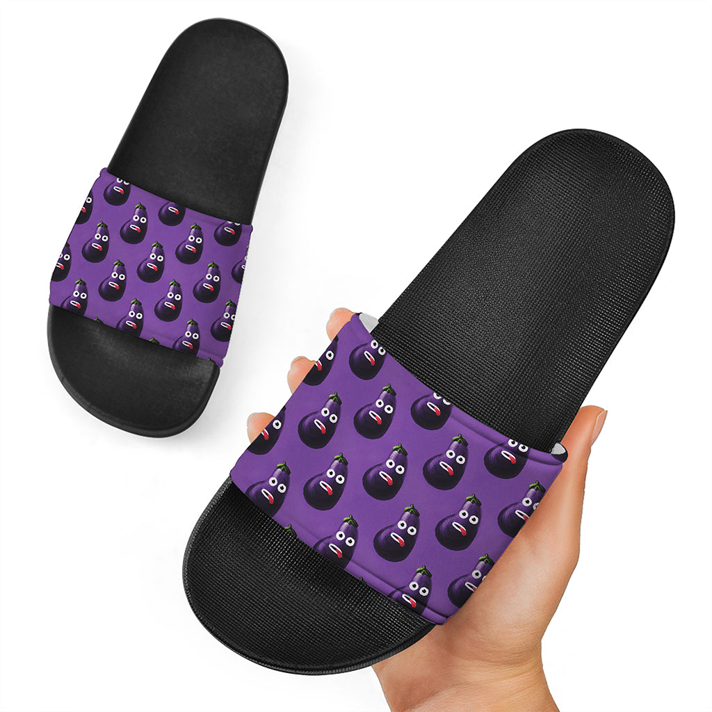 Funny Eggplant Pattern Print Black Slide Sandals