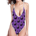 Funny Eggplant Pattern Print One Piece High Cut Swimsuit