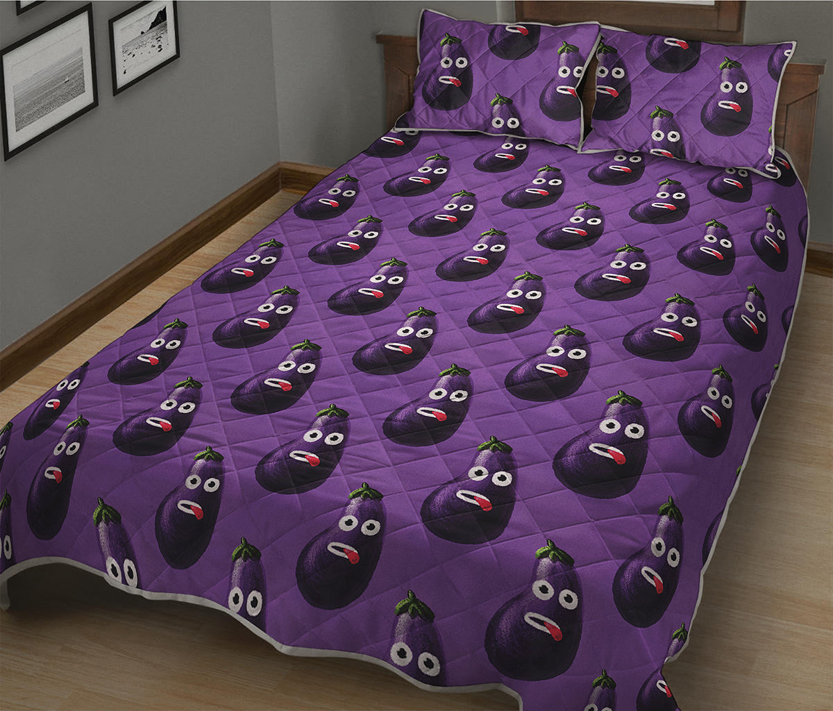 Funny Eggplant Pattern Print Quilt Bed Set