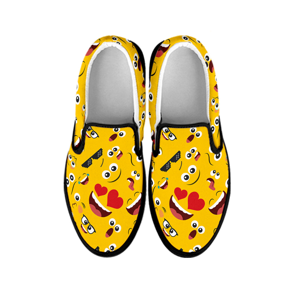 Funny Emoji Pattern Print Black Slip On Shoes