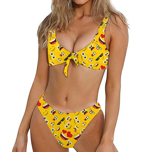 Funny Emoji Pattern Print Front Bow Tie Bikini