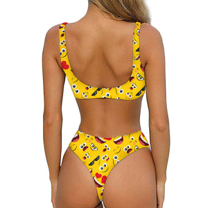 Funny Emoji Pattern Print Front Bow Tie Bikini