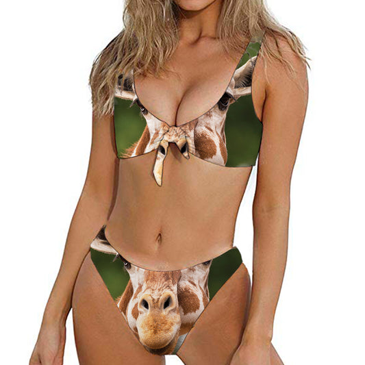 Funny Giraffe Print Front Bow Tie Bikini