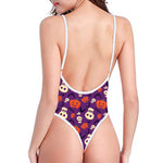 Funny Halloween Pumpkin Pattern Print One Piece High Cut Swimsuit