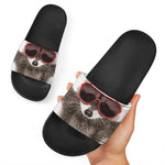 Funny Raccoon Print Black Slide Sandals