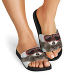 Funny Raccoon Print Black Slide Sandals