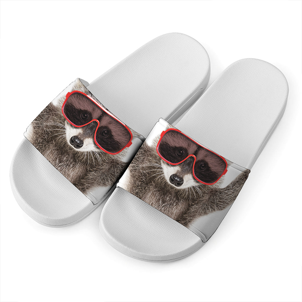 Funny Raccoon Print White Slide Sandals