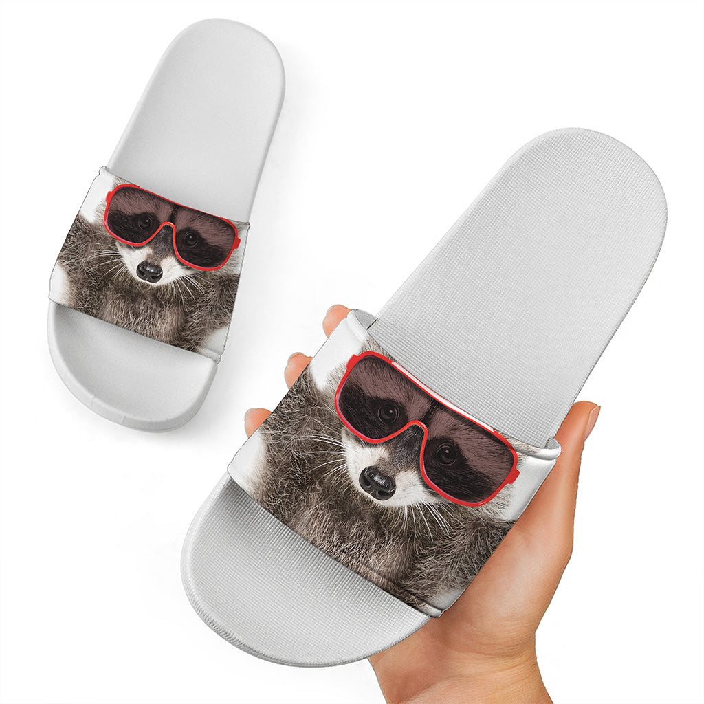 Funny Raccoon Print White Slide Sandals